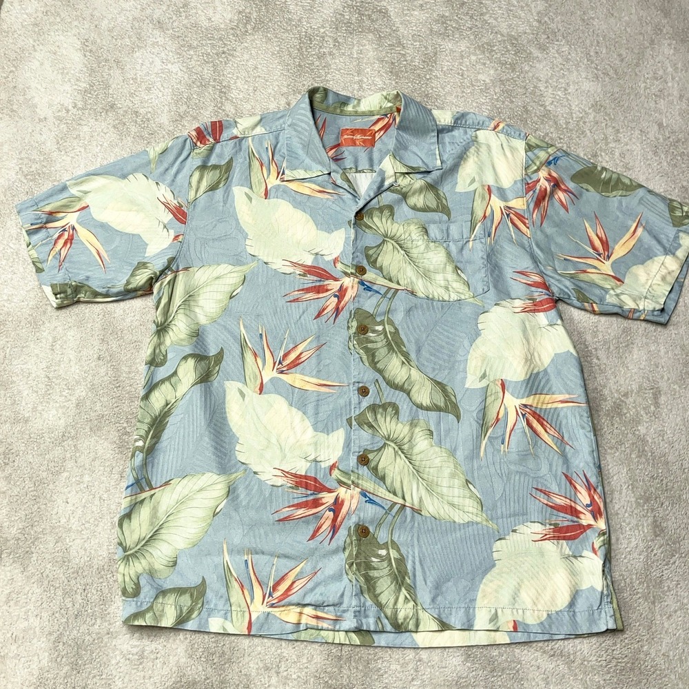 Tommy Bahama 100% Silk Camp Shirt Men's M Bird of Paradise Blue Tropical Floral